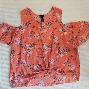 Justify Women's Floral Cold Shoulder Blouse Top Coral Pink Orange 2X
